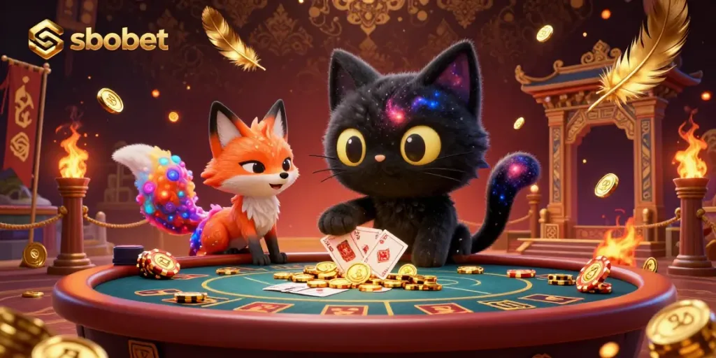 Engage in thrilling sbobet bets with a black hole cat and a nebula fox at a cosmic casino table.