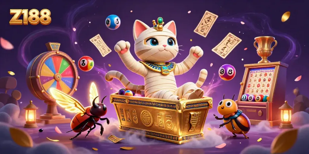 Experience the thrill of gaming at Z188 with a dynamic mummy cat scene bursting into action with lottery elements.