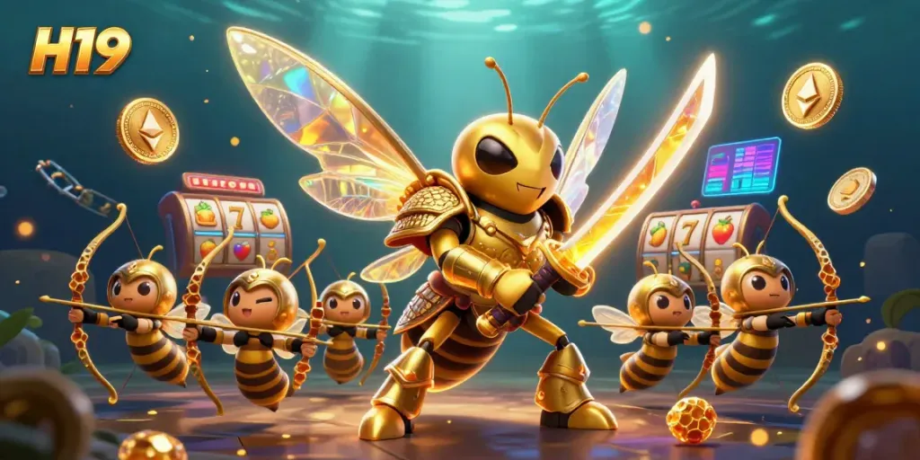 Experience H19's dynamic gameplay with a golden hornet samurai battling for big slot wins.