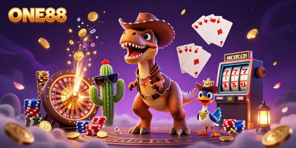 Experience thrilling gameplay at ONE88 with dynamic slot reels and vibrant casino elements.