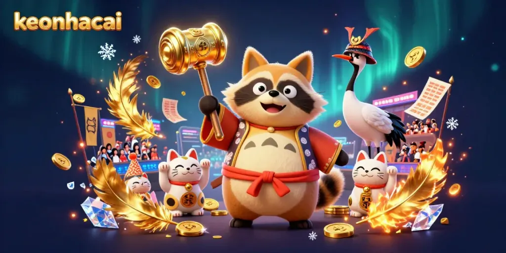 Enjoy Keonhacai sports betting excitement with a cheerful tanuki embodying luck and fortune.