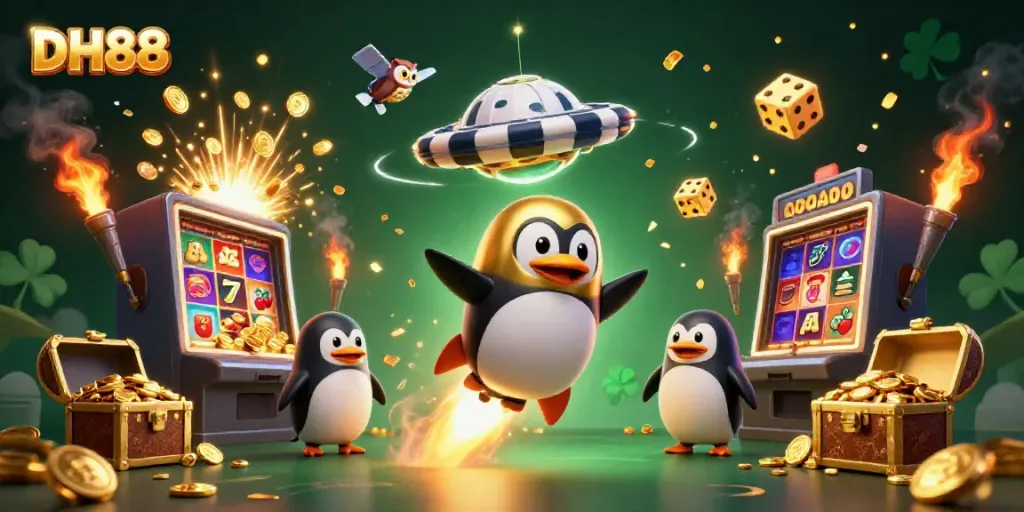 Experience DH88's thrilling space casino adventure with a golden penguin and jackpot elements