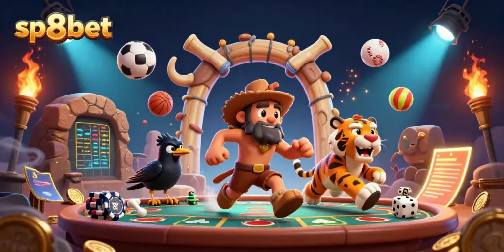 Experience excitement at sp8bet with a 3D scene of a caveman and saber-tooth tiger engaging in casino fun.