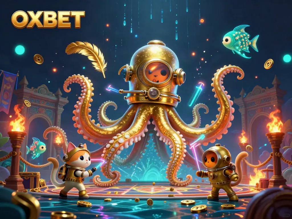Join the excitement with OXBET, where a kraken and a diving cat create an action-packed casino scene.