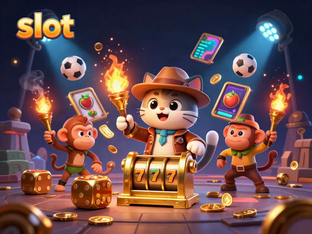 Engage with slot gaming excitement in a colorful scene featuring a dynamic cartoon explorer and a golden slot machine.