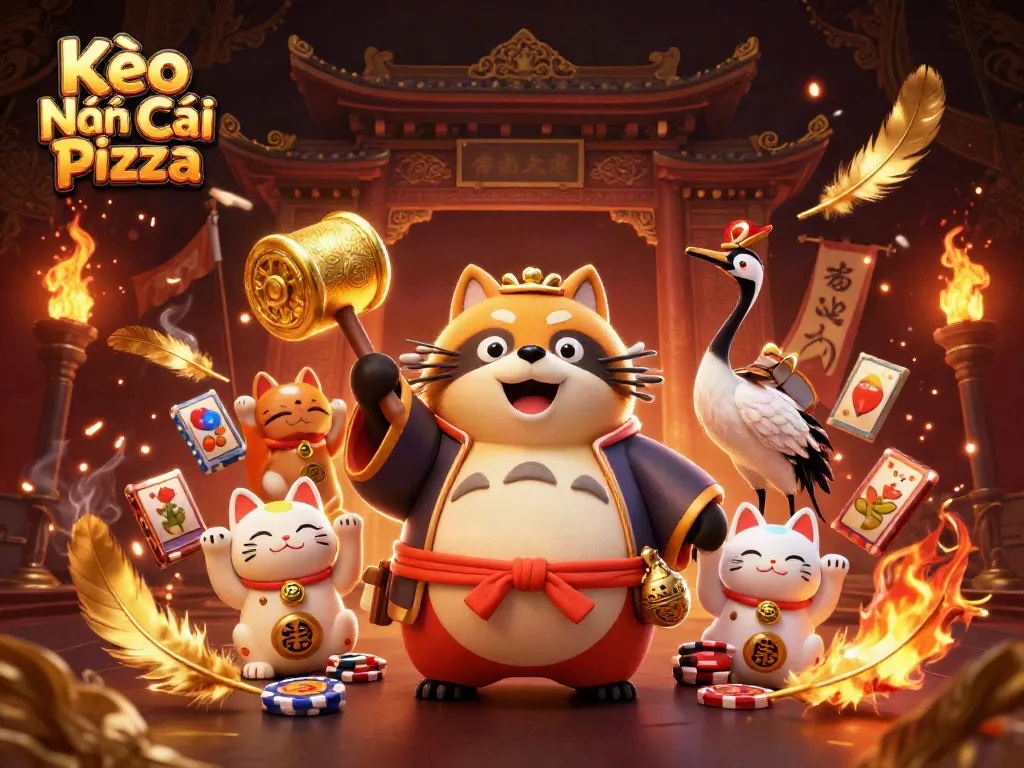 Kèo Nhà Cái Pizza cartoon characters celebrating wins with colorful slot reels and cheerfully waving fortune cats.