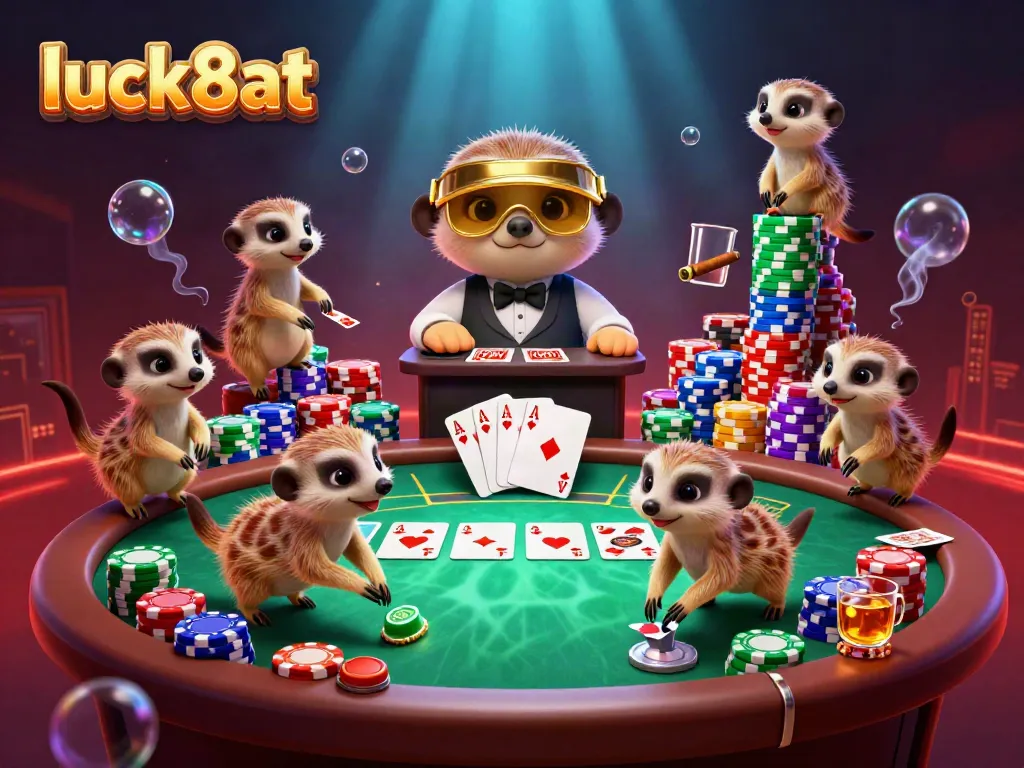 Experience the excitement of luck8at with playful meerkats running a vibrant casino.