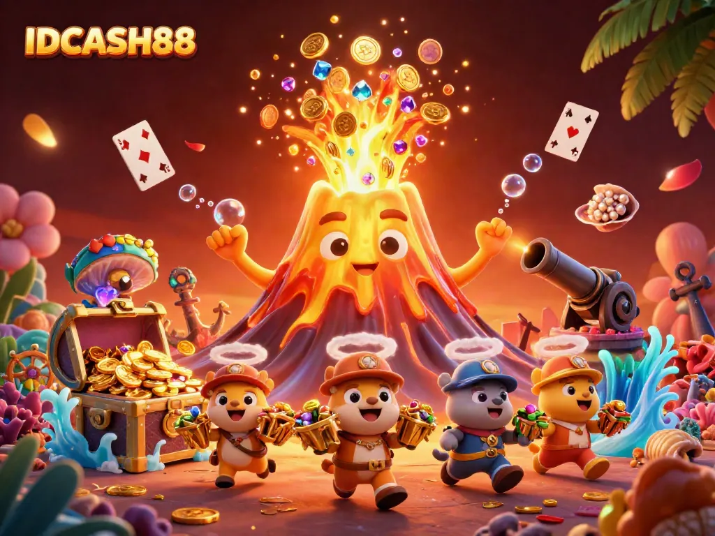 Play slots and win treasures at IDCASH88 with a vibrant volcano, gems, and thrilling animations.