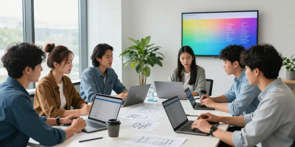 Team discussing Plumbing Business Software features in a modern office.