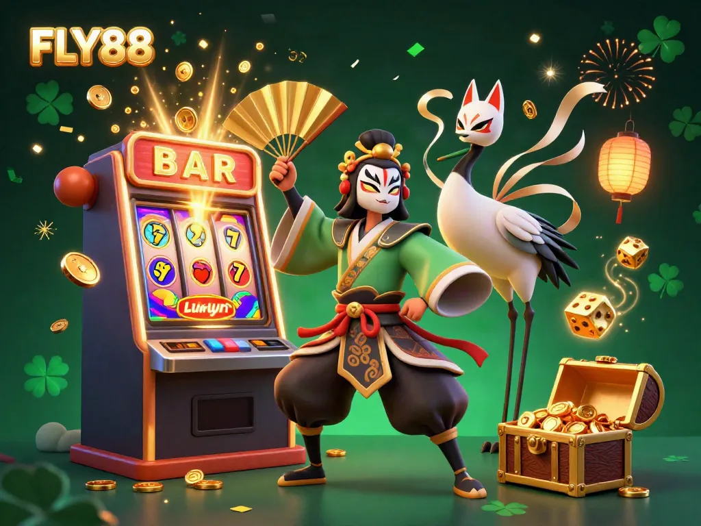 FLY88 gaming action scene with a kabuki warrior and colorful slot machine elements bursting with joy.
