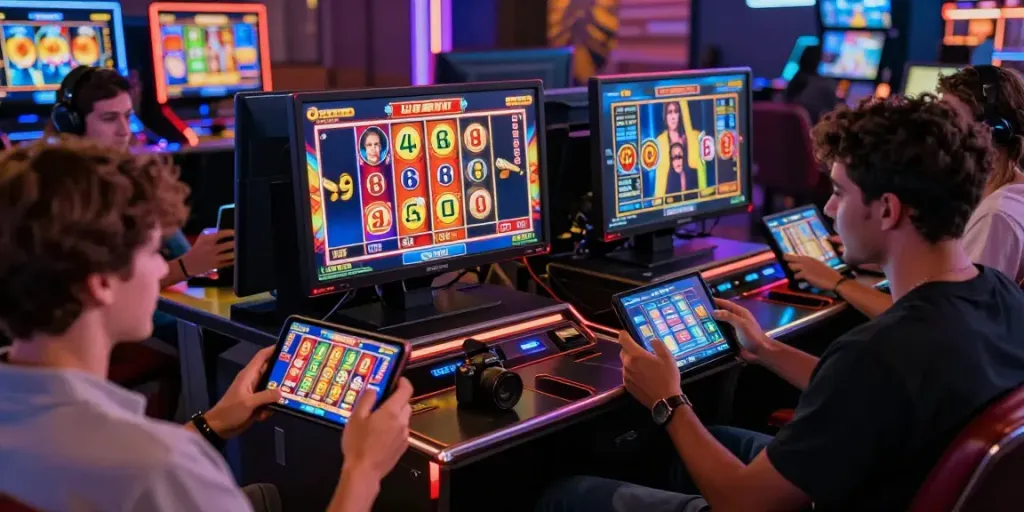 Pengalaman dewalangit slot yang dinamis dengan pemain menikmati permainan slot digital bersama.