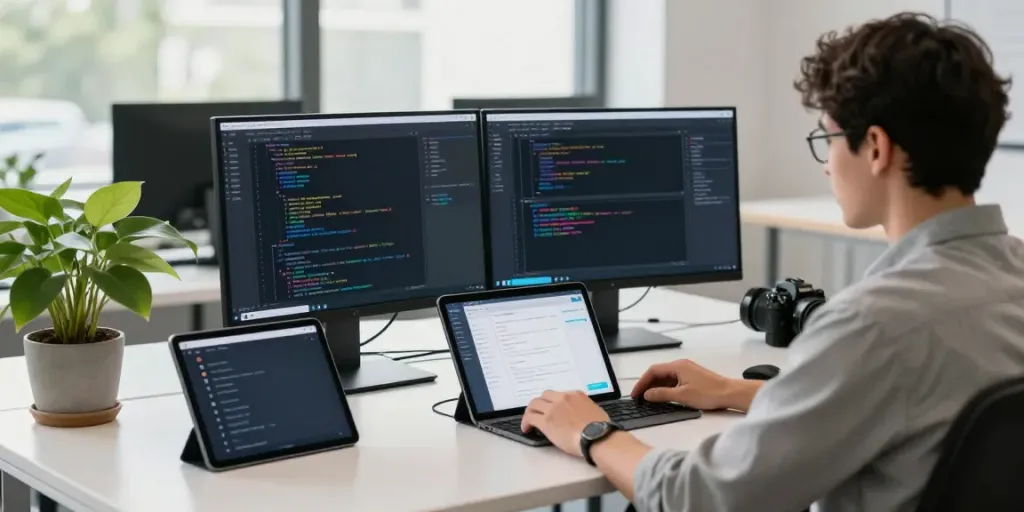 Developer coding an apk app in a modern workspace with dual monitors and creative elements.