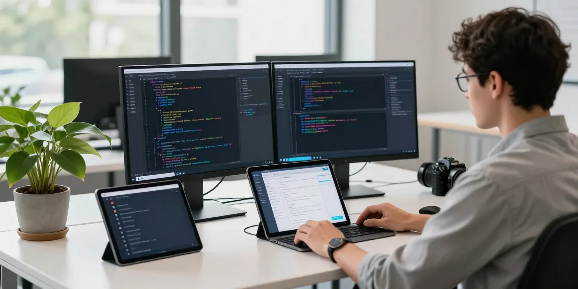 Developer coding an apk app in a modern workspace with dual monitors and creative elements.