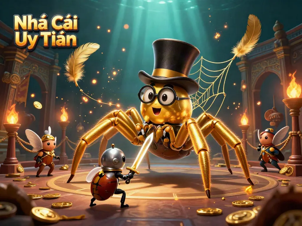 Engage with the vibrant world of Nhà Cái Uy Tín in this dynamic casino illustration featuring a golden tarantula and knight.