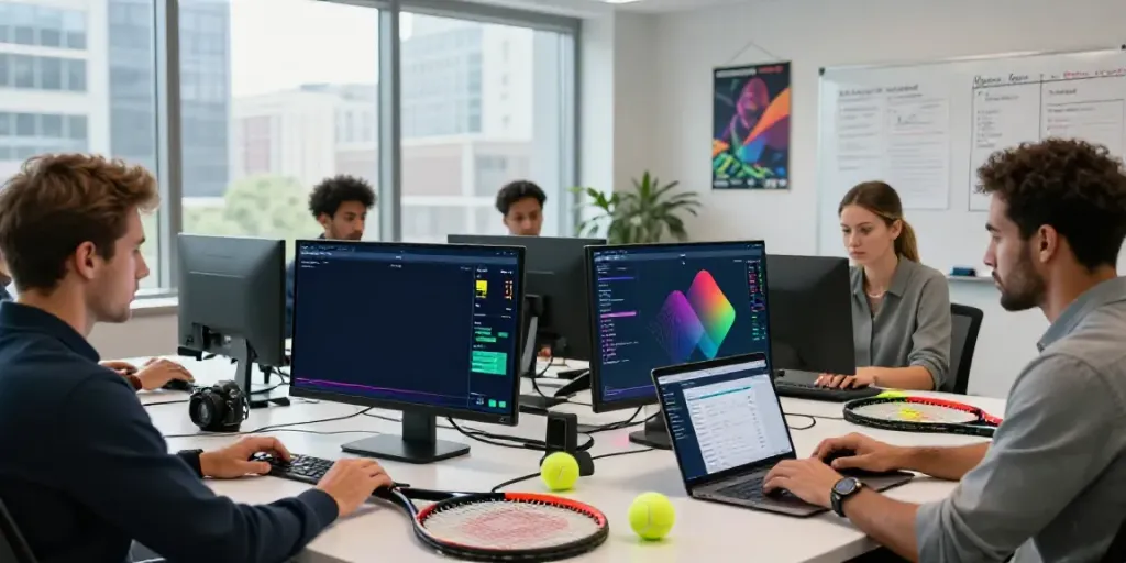 Tennis prediction algorithm analysis with diverse analysts reviewing real-time data and statistics in a modern workspace.