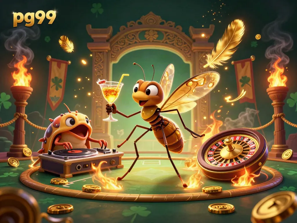 Experience the thrilling pg99 casino adventure with a dynamic mascot and casino elements.