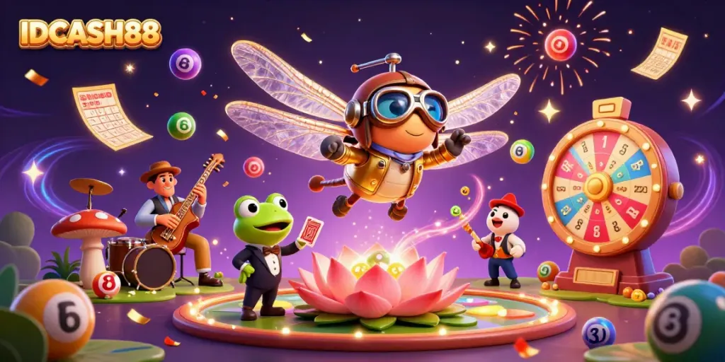 Engage with IDCASH88’s vibrant 3D casino scene featuring a dragonfly pilot and frog croupier.