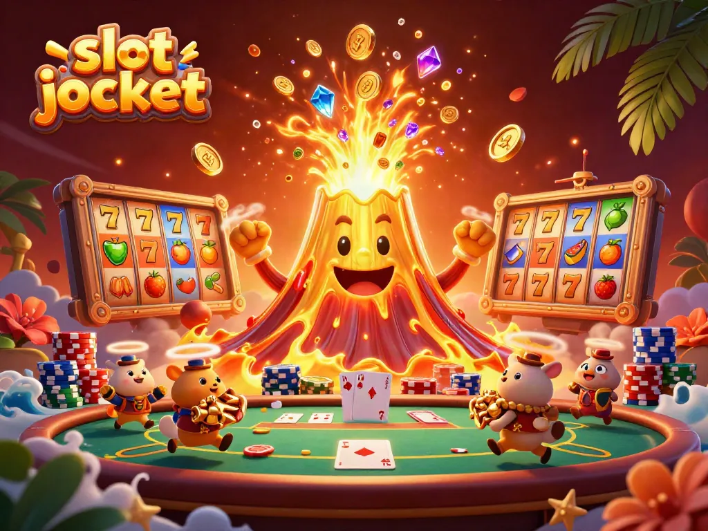 Experience the thrill of the slot jackpot with treasures spilling from a golden volcano in a vibrant 3D scene.