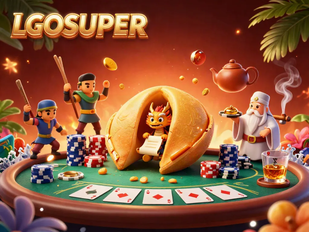 Join the fun at LGOSUPER with a giant fortune cookie and poker excitement in this vibrant casino scene.