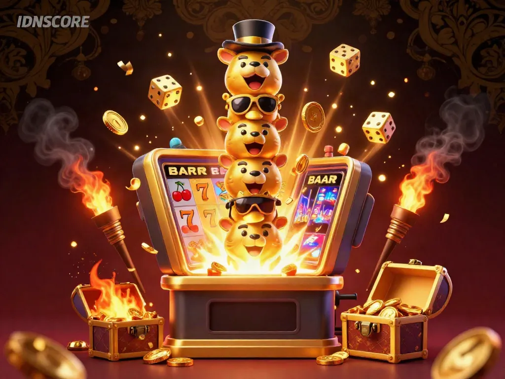 Experience IDNSCORE with an exciting casino atmosphere featuring a golden totem pole, slot machines, and festive elements.