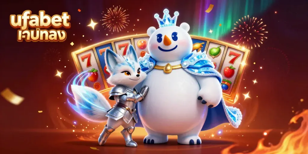Engage in thrilling gameplay with ufabet เว็บตรง showcasing a majestic ice king polar bear and snow fox amid vibrant casino elements.
