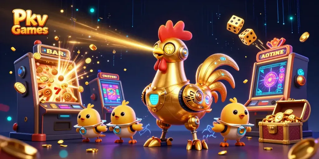 Engage with Pkv Games through thrilling slot machines and vibrant casino characters in a dynamic scene.