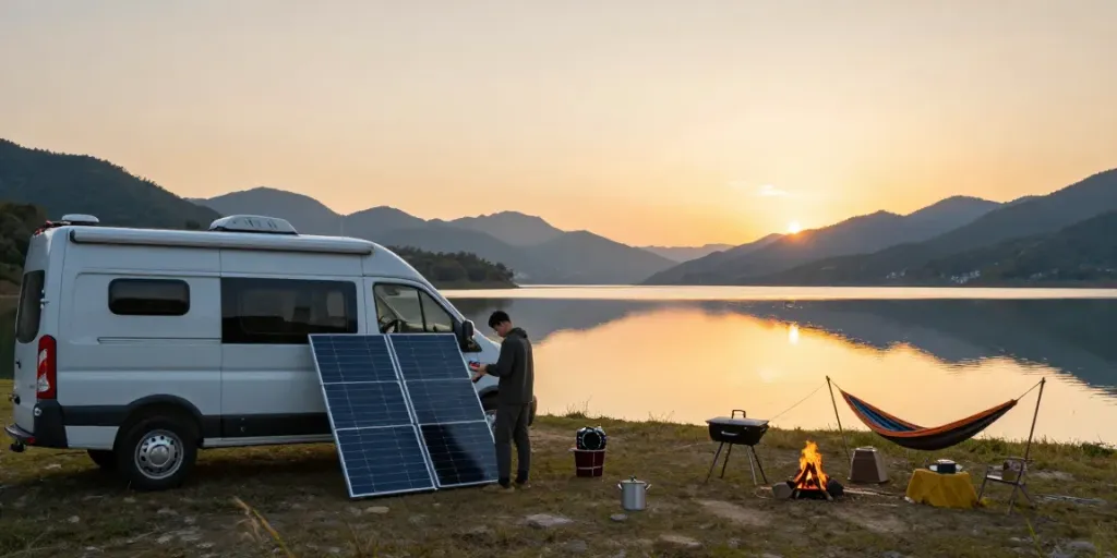 Lithium RV battery powering a solar setup at a camper van on a serene sunset campsite.