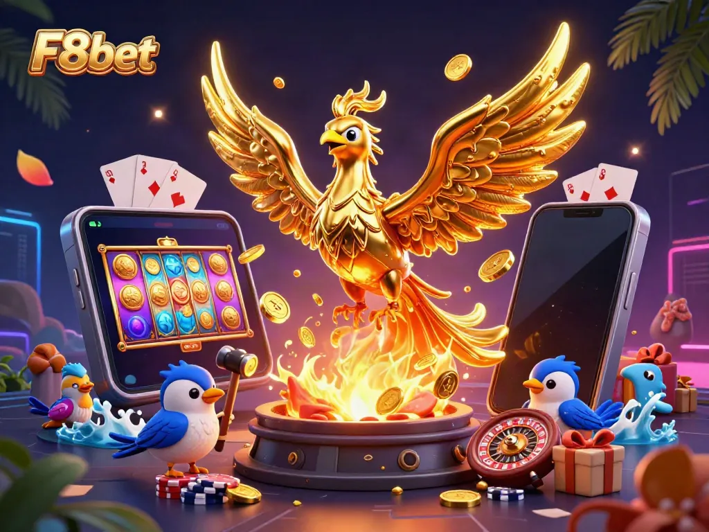 Engage with F8bet's dynamic casino experience featuring a molten golden phoenix and exciting game elements.