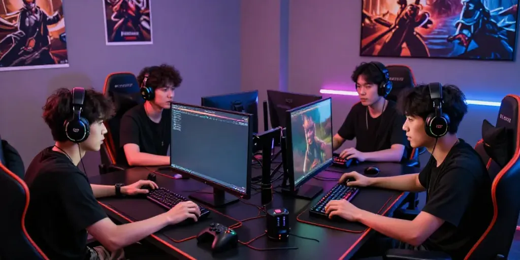 K177 game players engaged in an intense multiplayer match in a modern gaming room.