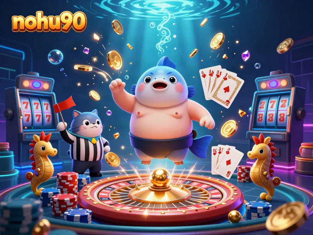 Join the fun with nohu90 as the fugu and catfish referee celebrate in an underwater casino scene.