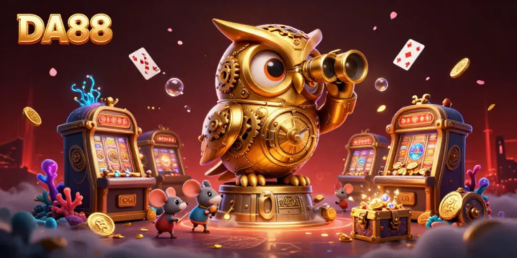 DA88 showcases a vibrant casino scene with a clockwork owl and wind-up mice among gold coins and colorful gems.