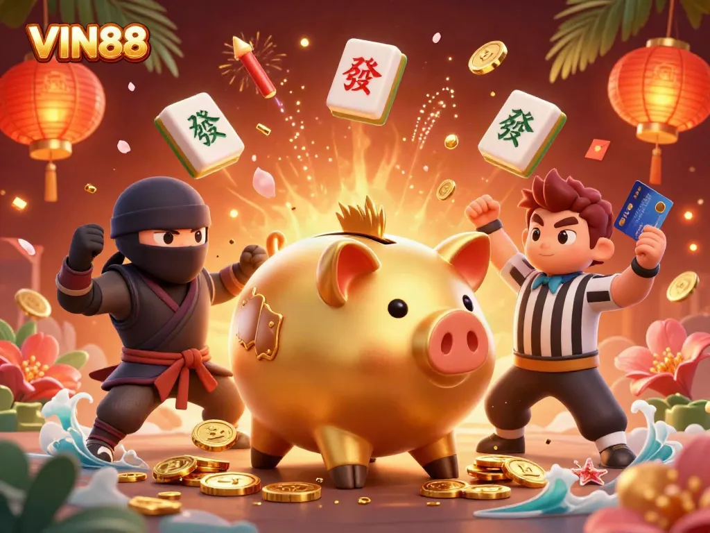 Experience the exciting action of VIN88 with a golden piggy bank sumo wrestler amidst vibrant casino elements.