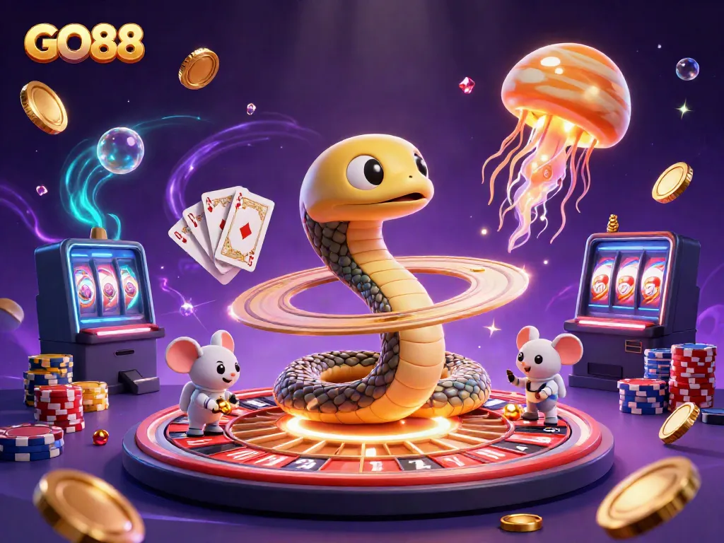 Experience the excitement of GO88 with a vibrant 3D casino scene featuring cosmic characters and dynamic gaming elements.