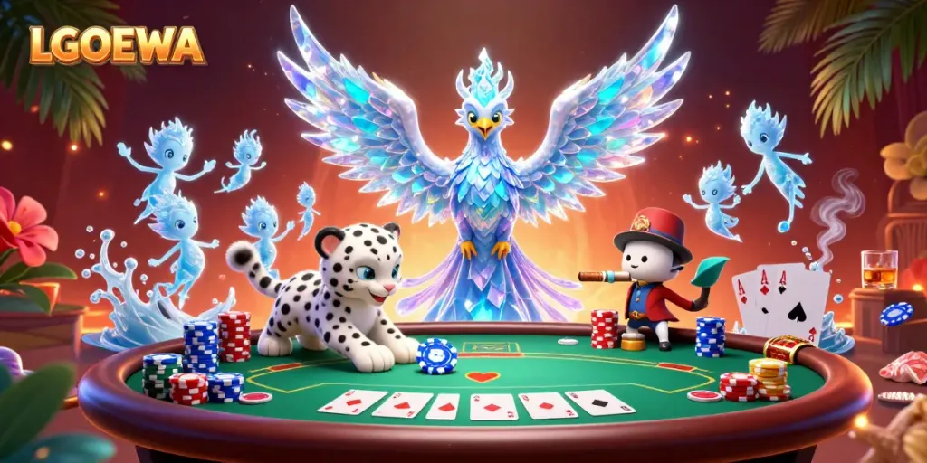 Immerse in the thrilling LGODEWA scene with a mystical ice phoenix and snow leopard enjoying a poker game.