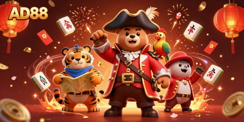 Experience the excitement of AD88 with lively casino-themed characters and vibrant game elements.