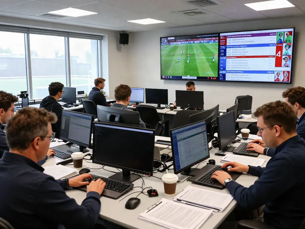 ข่าวซื้อขายนักเตะ updates in a vibrant sports newsroom filled with journalists and live screens.
