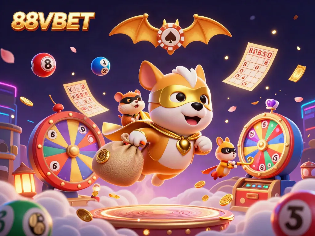 Join the adventure with 88VBET as a superhero dog and hamster soar through a dynamic casino scene.
