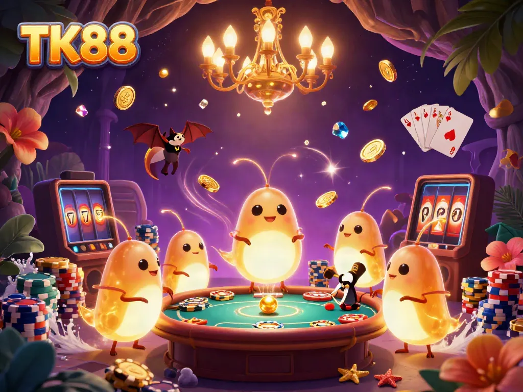 Engaging scene of glowworms illuminating a sprawling casino for TK88, featuring vibrant poker elements and gold coins.