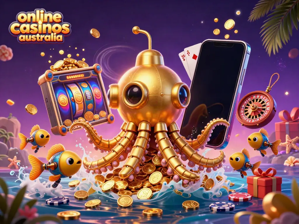 Experience thrilling wins with online casinos australia as a golden kraken submarine emerges from golden coins.