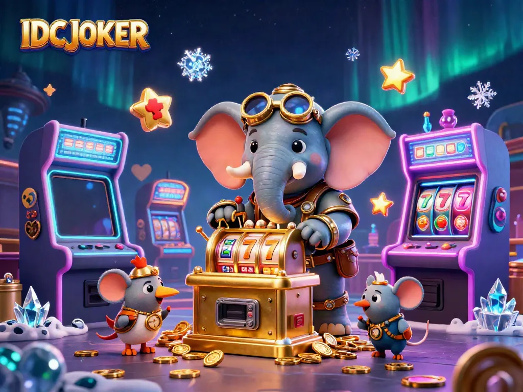 Experience thrilling gameplay with IDCJOKER's steampunk elephant operating a golden slot machine alongside colorful gaming elements.