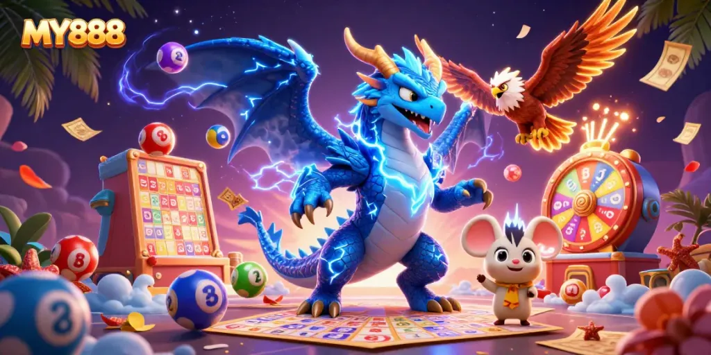 Experience thrilling games at MY888 with colorful lottery elements and dynamic characters.