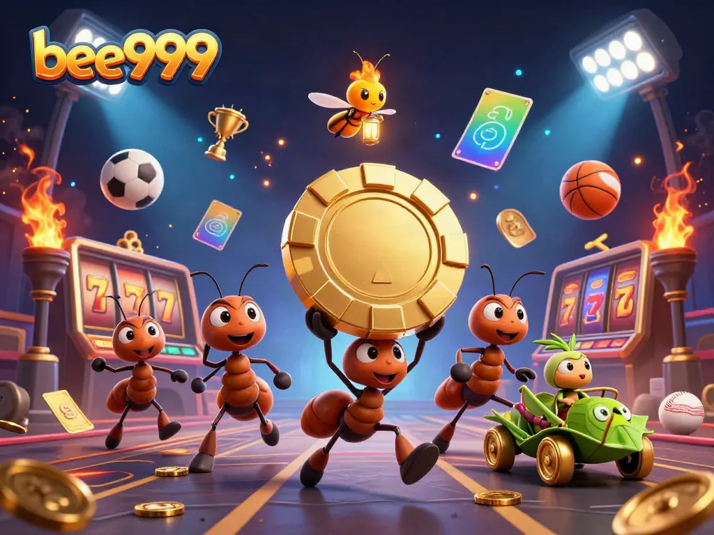 Engage in thrilling gameplay with bee999 as ants perform a heist for a colossal poker chip.