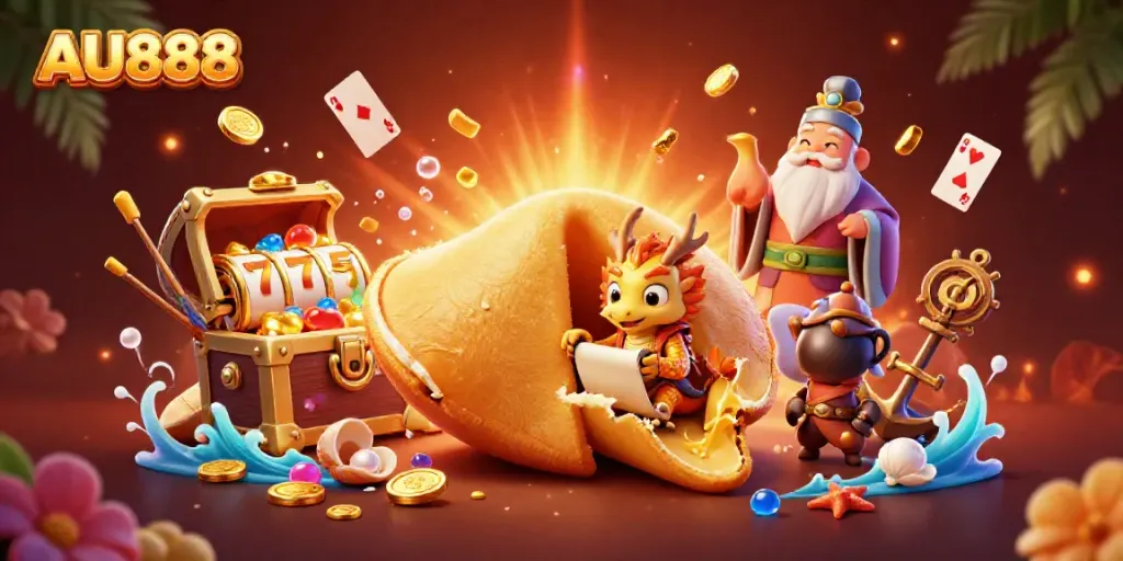 Experience the vibrant AU888 adventure with golden treasures, dramatic casino elements, and whimsical characters.
