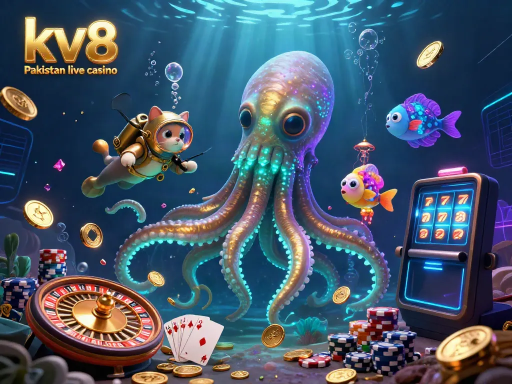 Engage with the thrilling kv8 Pakistan live casino experience featuring a vibrant underwater scene with colorful games and treasures.