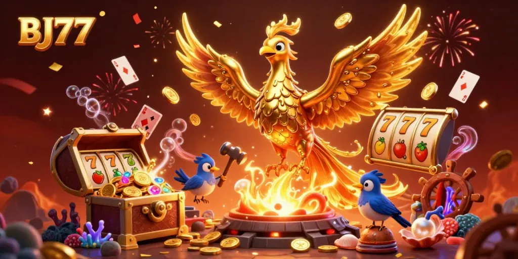BJ77 casino scene filled with golden phoenix, slot reels, and celebratory confetti.