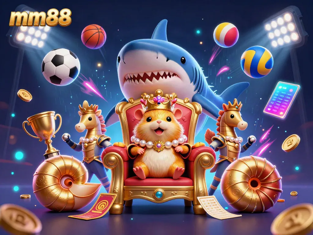 Experience mm88's thrilling illustration of a golden hamster king presiding over a dynamic sports betting scene.