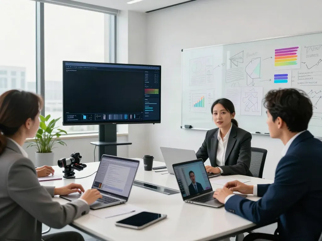 Deepfake protected meetings in a modern office with diverse teams collaborating on digital security strategies.