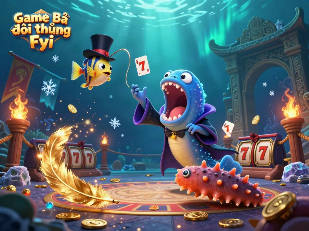 Engage with Game Bài Đổi Thưởng Fyi through a vibrant 3D illustration of underwater casino magic.