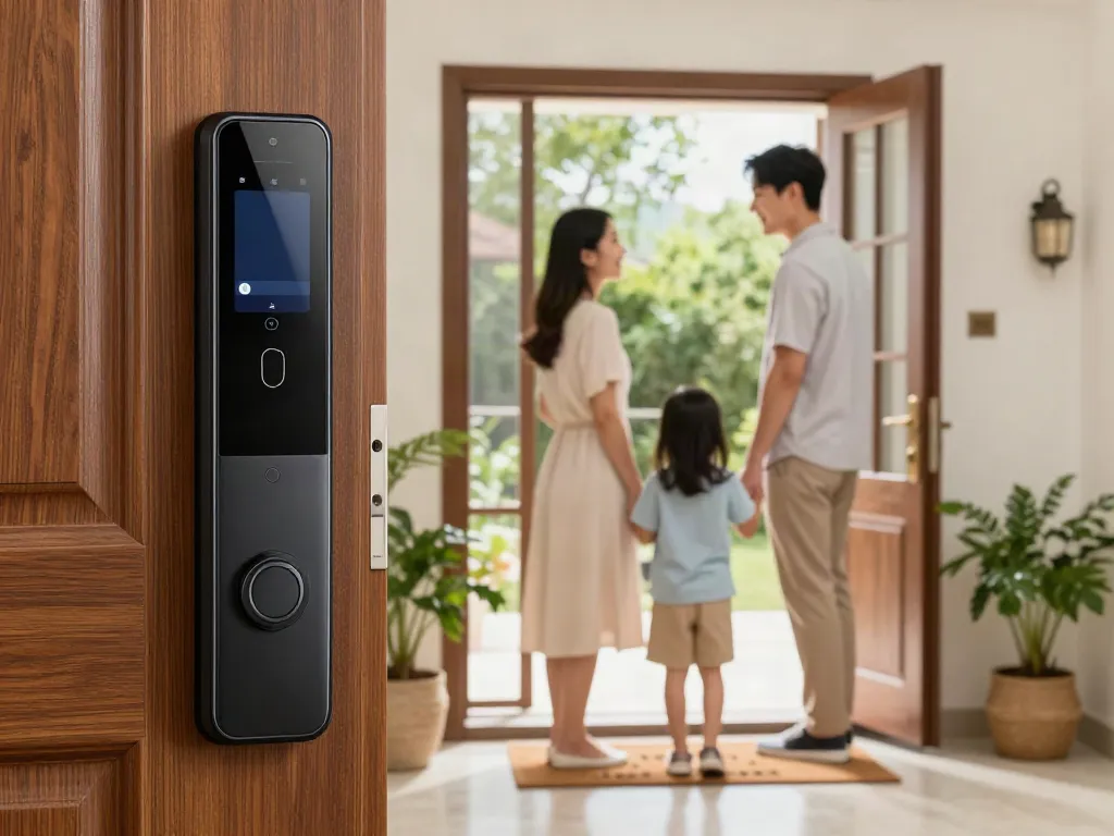Buy smart lock for home security features visible on the door with a family entering safely.