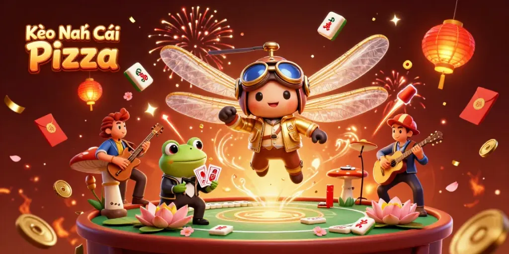 Engage with Kèo Nhà Cái Pizza at our vibrant casino scene featuring cartoon characters and festive elements.